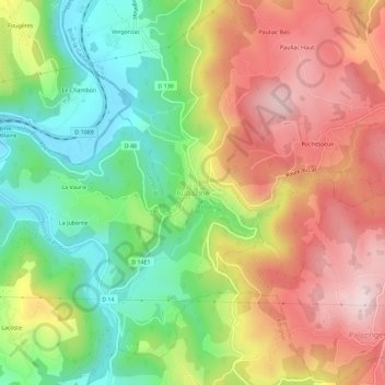 Mapa topográfico Aubazine, altitud, relieve