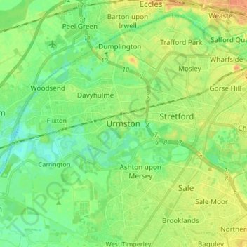 Mapa topográfico Urmston, altitud, relieve