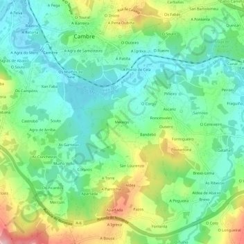 Mapa topográfico Meixigo, altitud, relieve