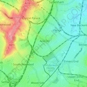 Mapa topográfico Anerley, altitud, relieve