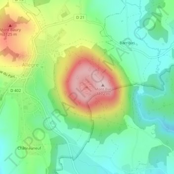 Mapa topográfico Mont Bar, altitud, relieve