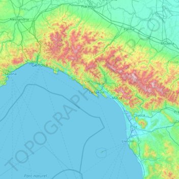 Mapa topográfico Cinque Terre, altitud, relieve