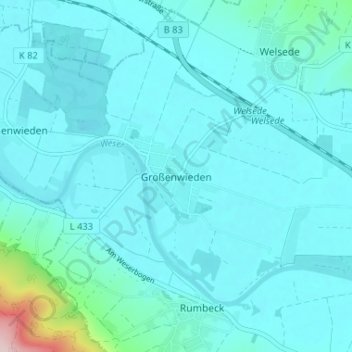 Mapa topográfico Großenwieden, altitud, relieve
