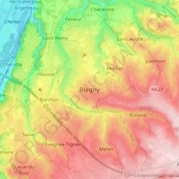 Mapa topográfico Blegny, altitud, relieve