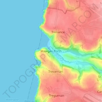 Mapa topográfico Mawgan Porth, altitud, relieve