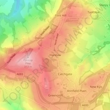 Mapa topográfico Harelaw, altitud, relieve