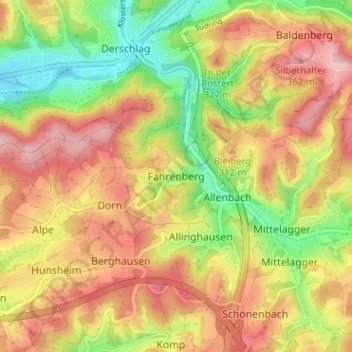Mapa topográfico Fahrenberg, altitud, relieve