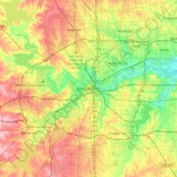 Mapa topográfico Fort Worth, altitud, relieve