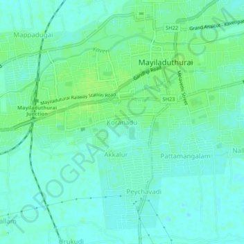 Mapa topográfico Koranadu, altitud, relieve