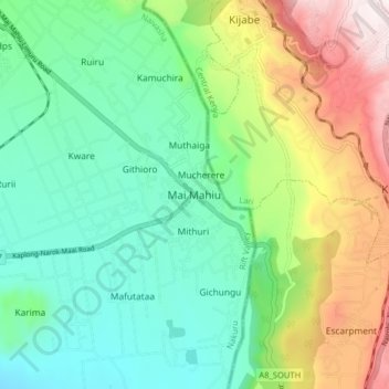 Mapa topográfico Mai Mahiu, altitud, relieve