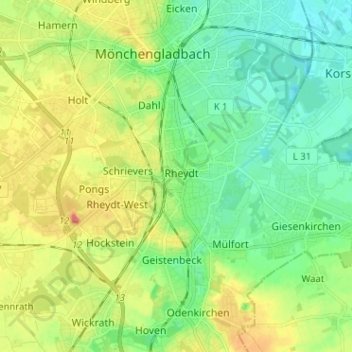 Mapa topográfico Rheydt, altitud, relieve