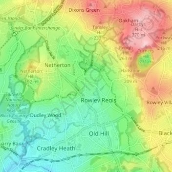 Mapa topográfico Darby End, altitud, relieve