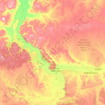 Mapa topográfico Khanty-Mansiysk Autonomous Okrug – Ugra, altitud, relieve
