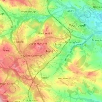 Mapa topográfico Hoyland, altitud, relieve