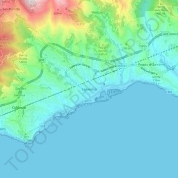 Mapa topográfico Sanremo, altitud, relieve