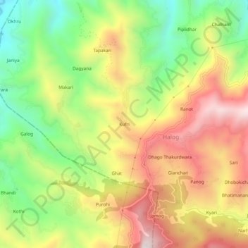 Mapa topográfico Kufri, altitud, relieve