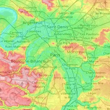 Mapa topográfico Paris, altitud, relieve