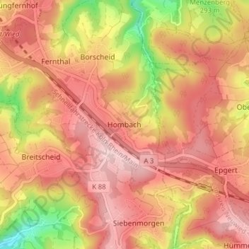 Mapa topográfico Hombach, altitud, relieve