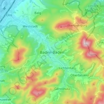 Mapa topográfico Baden-Baden, altitud, relieve