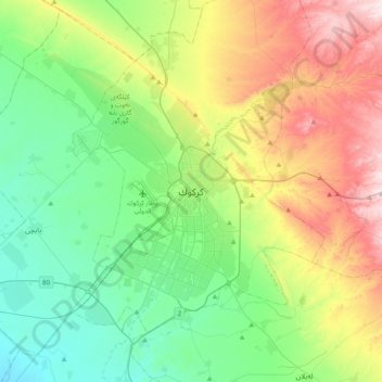 Mapa topográfico كركوك, altitud, relieve