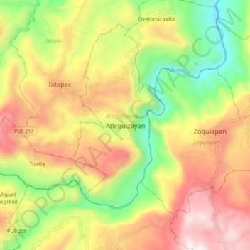 Mapa topográfico Atlequizayan, altitud, relieve