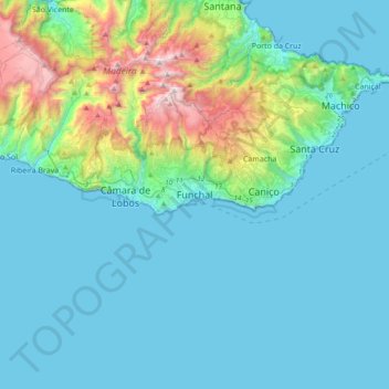 Mapa topográfico Funchal, altitud, relieve