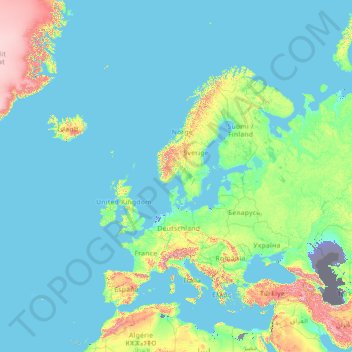 Mapa topográfico Europe, altitud, relieve