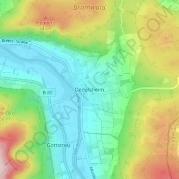 Mapa topográfico Oedelsheim, altitud, relieve