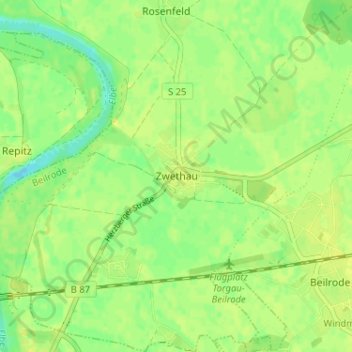 Mapa topográfico Zwethau, altitud, relieve