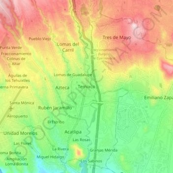 Mapa topográfico Temixco, altitud, relieve
