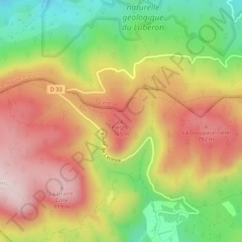 Mapa topográfico Piégros, altitud, relieve