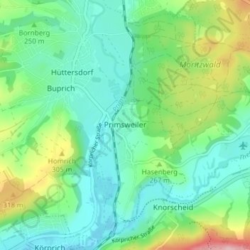Mapa topográfico Primsweiler, altitud, relieve