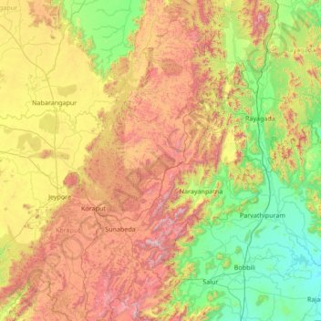Mapa topográfico ಕೊರಪುತ್, altitud, relieve