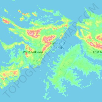 Mapa topográfico Islas Malvinas, altitud, relieve