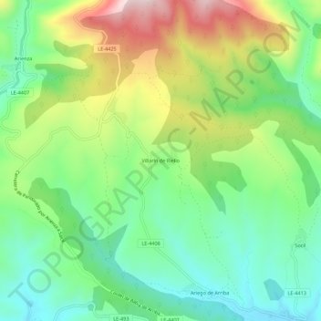 Mapa topográfico Villarín de Riello, altitud, relieve
