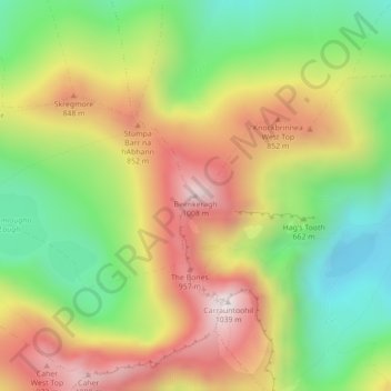 Mapa topográfico Beenkeragh, altitud, relieve