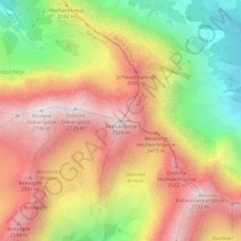 Mapa topográfico Birkkarspitze, altitud, relieve