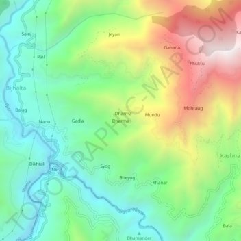 Mapa topográfico Dharma, altitud, relieve