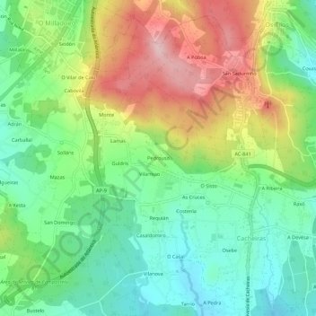 Mapa topográfico Pedrouso, altitud, relieve