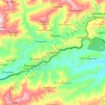 Mapa topográfico Los Lirios, altitud, relieve
