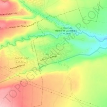 Mapa topográfico Juárez Coronaco, altitud, relieve