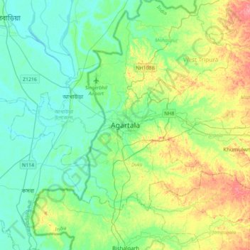 Mapa topográfico Agartala, altitud, relieve