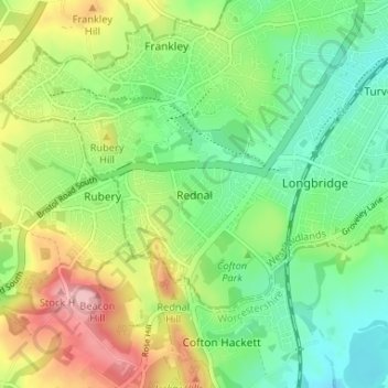 Mapa topográfico Rednal, altitud, relieve