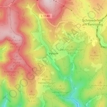 Mapa topográfico Vesser, altitud, relieve