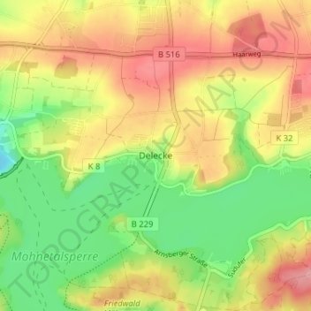 Mapa topográfico Delecke, altitud, relieve