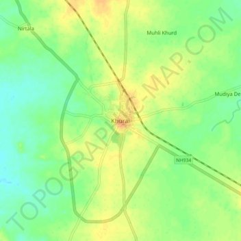 Mapa topográfico Khurai, altitud, relieve