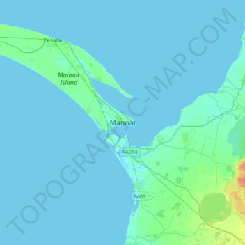 Mapa topográfico Mannar, altitud, relieve