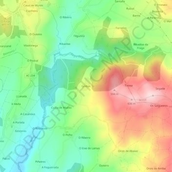 Mapa topográfico Grobas, altitud, relieve