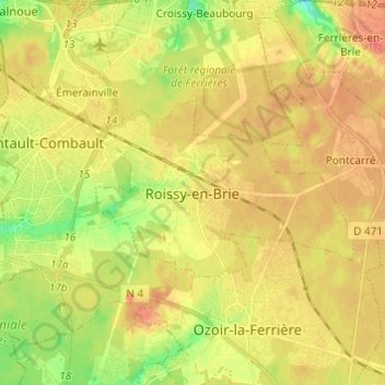 Mapa topográfico Roissy-en-Brie, altitud, relieve
