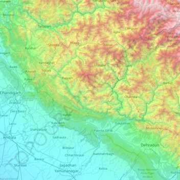 Mapa topográfico Sirmaur, altitud, relieve
